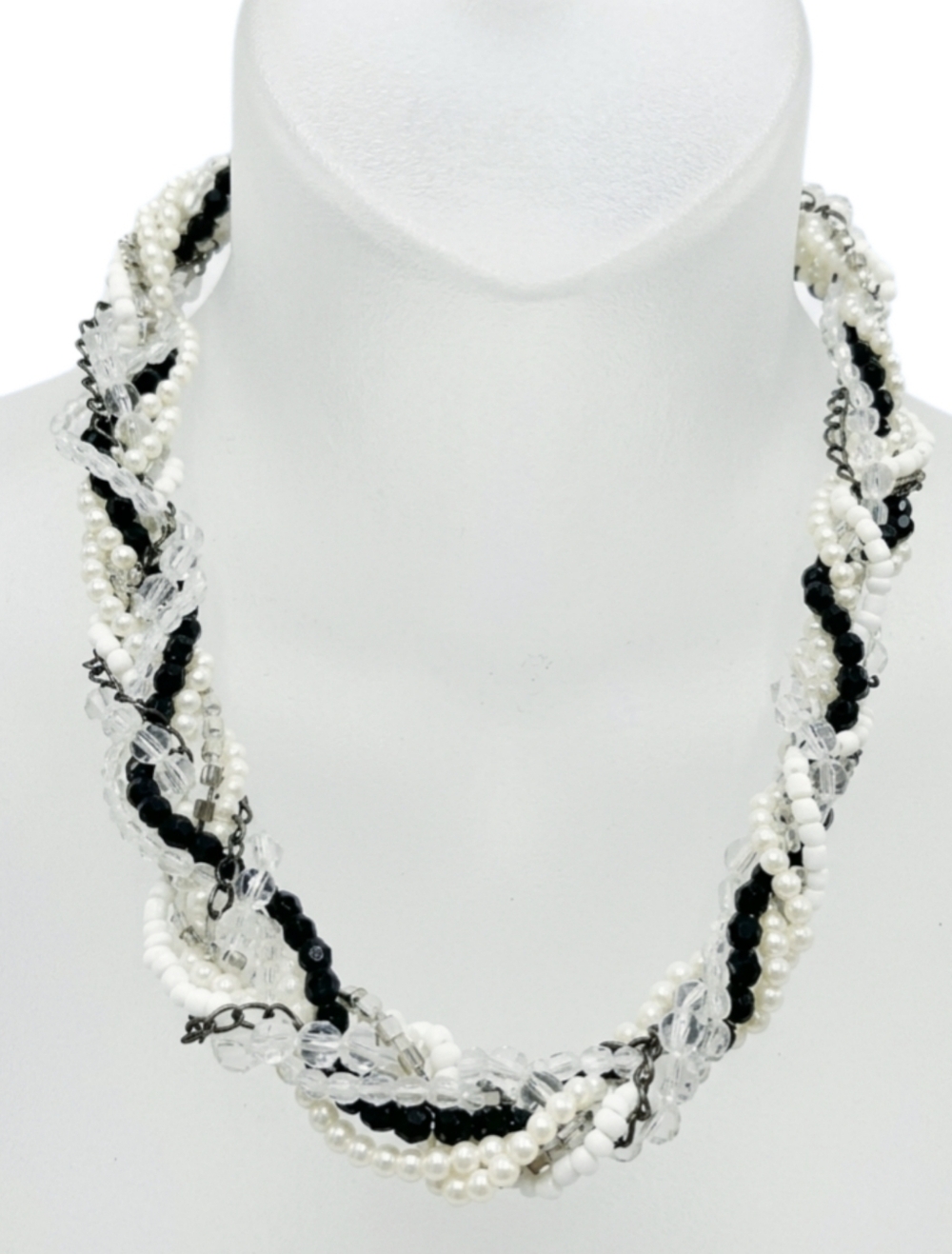 Twisted Multi Strand Beaded Statement Necklace Pearl Rhinestone Gunmetal